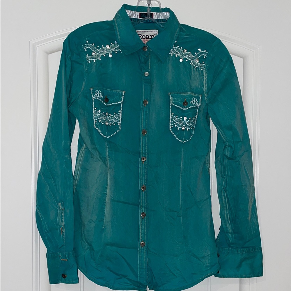 Roar Teal Weatern Embroidered Shirt